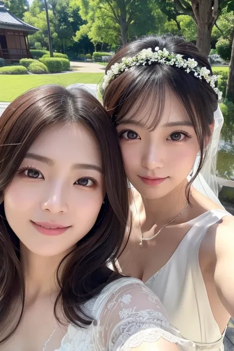 highest quality、8k、32k、High resolution、Ultra-realistic、detailed、masterpiece、((Couple))、Japanese、Japanese、27歳女性と28歳男性のCouple、Wedding Style、Wedding dress、smile、Beautiful Hair、Beautiful Skin、Beautiful Eyes、close、Selfie