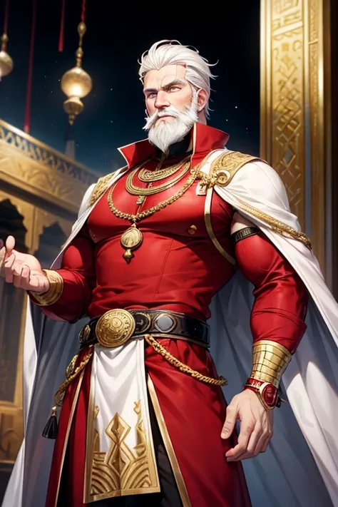 Sultan, 40-year-old man, white hair, long white beard, blue eyes, red Arab clothing, red vest with black prints, golden belt, black pants, gold pendant with Arab symbol with ruby gems, gold rings in both hands stocky muscular build