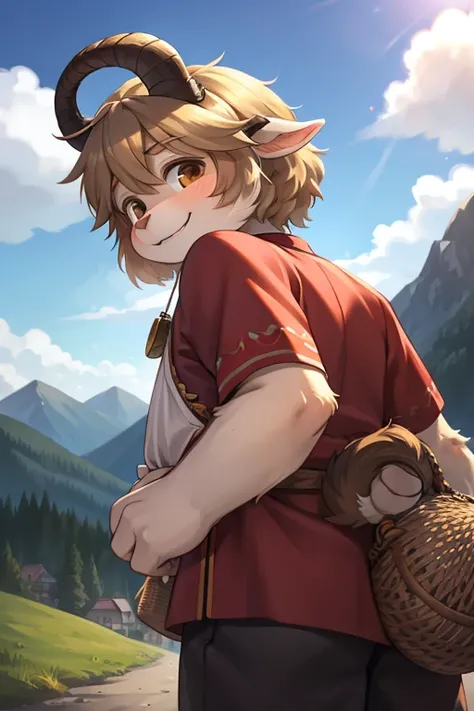 rear Bokeh , focus face , 1 hairy goat girl and 1 grandpa, realistic hairy fur , round face , Swollen cheeks , smile , Hair ties , (Swiss traditional costume) , Why can I hear the whistle so far away, Why are those clouds waiting for me,Tell me, Grandpa, i...