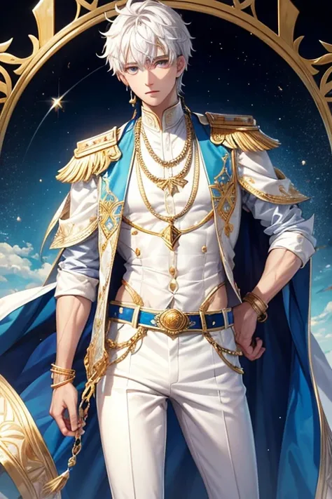 Sultan, 18 year old man, messy white hair, blue eyes, blue Arab clothing, light blue vest with white prints, gold belt, white pants, gold pendant with Arab symbol with sapphire gems, gold rings on both. hands build slim muscular