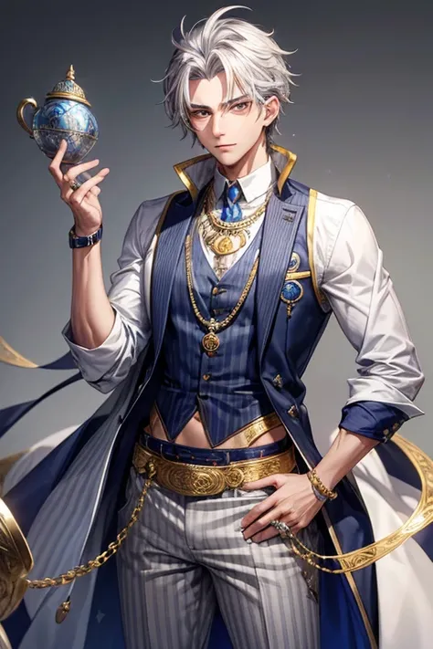 Sultan, 20-year-old man, messy gray hair, gray eyes, gray Arab clothing, dark blue vest with white rabbit prints, silver belt, dark blue striped pants, silver pendant with Arabic symbol with sapphire gems, gold rings in both. hands complexion slim muscular...