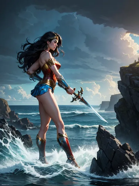 ((fantasy art)), action, heroism, grandeur, power, sensuality, stunning shadows, expertly detailed, epic, powerful and profound. DC Comics Wonder Woman is standing on top of a large rock, she is above us, we have a view from below, she is above the horizon...