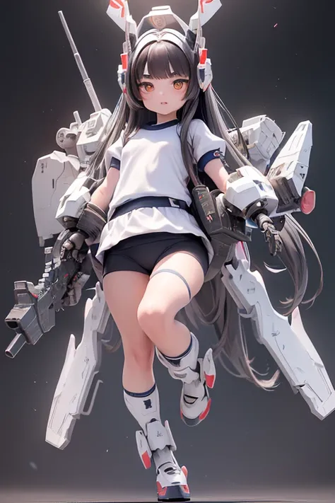 (highest quality)), ((masterpiece)), (Very detailed: 1.3), 3D, {(One Girl)}, (Navy blue bloomers and、Wear a white gym suit with colored hems underneath the armor:1.2), (Black Hair:1.5), Wearing a futuristic Gundam mecha,(Heavy Armor Gundam), With headgear,...