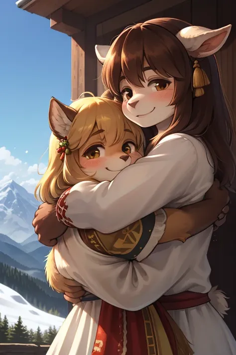 rear Bokeh , (closeup face) , 2 hairy goat girls , realistic hairy fur , round face , Swollen cheeks , smile , Hair ties , (Swiss traditional costume) , in the Mountains in Alm , front view , back shot , side view , Dutch angle , (Hug) , look at someone