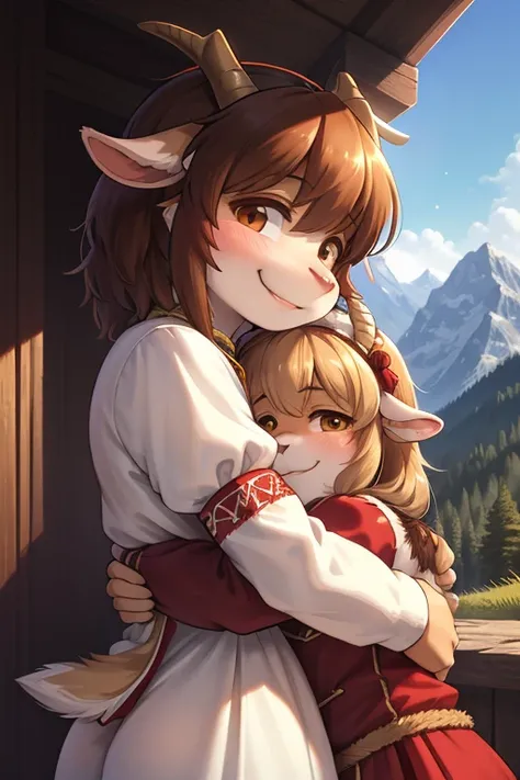 rear Bokeh , (closeup face) , 2 hairy goat girls , realistic hairy fur , round face , Swollen cheeks , smile , Hair ties , (Swiss traditional costume) , in the Mountains in Alm , front view , back shot , side view , Dutch angle , (Hug)  , Licking the cheek