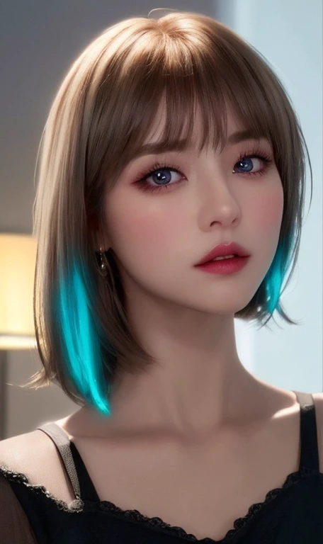 Ultra realistic ((Top Quality、16K、​masterpiece:1.3))、a tall and beautiful woman、Perfect Figure:1.4、retro futuristic aesthetic, young woman (charming) solo, pale-brown hair (short hairstyle), realistic hair, realistic eyes, pale-white skin (highlighted, rea...