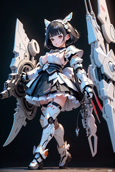 (highest quality)), ((masterpiece)), (Very detailed: 1.3), 3D, {(Young girl)}, Wearing a white frilly Gothic Lolita outfit, (She is fused with a Gundam mecha from the future.), With headgear, With V-fin , Armored Shoulders,Armed, Armor under the feet, Mult...