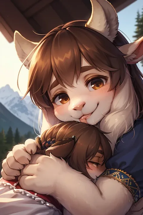 rear Bokeh , (closeup face) , 2 hairy goat girls , realistic hairy fur , round face , Swollen cheeks , smile , Hair ties , (Swiss traditional costume) , in the Mountains in Alm , front view , back shot , side view , Dutch angle , (Hug)  , (Licking the nose...