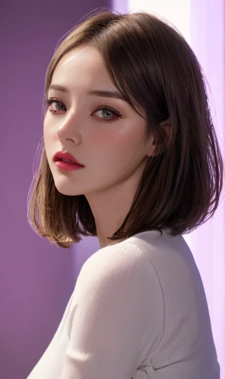 Ultra realistic ((Top Quality、16K、​masterpiece:1.3))、a tall and beautiful woman、Perfect Figure:1.4、retro futuristic aesthetic, young woman (charming) solo, pale-brown bob hair, (short hairstyle) with hair bangs, realistic eyes, pale-white skin (highlighted...