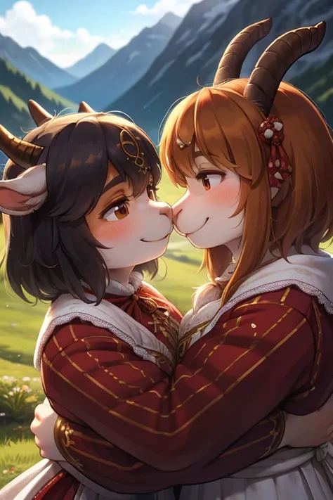 rear Bokeh , (closeup face) , 2 hairy goat girls , realistic hairy fur , round face , Swollen cheeks , smile , Hair ties , (Swiss traditional costume) , in the Mountains in Alm , front view , back shot , side view , Dutch angle , Hug  , (nose to nose:1.2)