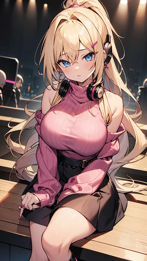 highest quality、masterpiece、4K、Blonde、Long ponytail、Slanted Eyes、blue eyes、Thick eyeliner、Pink lipstick、Gal、Pink Sweater、Moe sleeves、Cleavage、topless、Have many ear piercings、ring、Lots of accessories、Headphones、Large Breasts、Short black skirt、Knee-high boot...