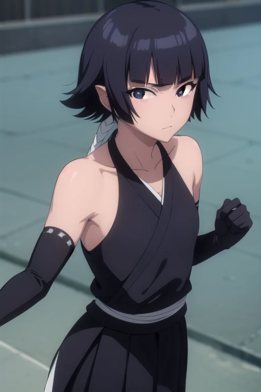 soifon, soifon, short hair, bangs, black hair, short hair with long locks, (black eyes:1.6), (small breasts:1.2),
break gloves, ...