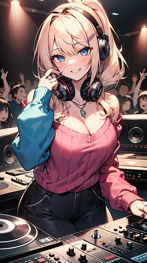 highest quality、masterpiece、4K、Blonde、Long ponytail、Slanted Eyes、blue eyes、Bad Smile、Ahegao、Pink lipstick、Gal、Pink Sweater、Long sleeves、Cleavage、topless、Have many ear piercings、ring、Sapphire Necklace、Headphones、Large Breasts、Short pants、Knee-high boots、dj ...