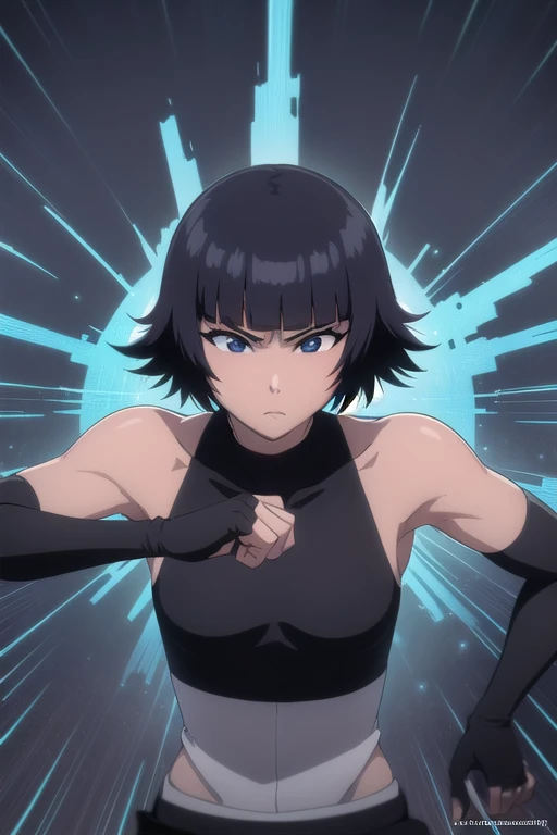 soifon, soifon, short hair, bangs, black hair, short hair with long locks, (black eyes:1.6), (small breasts:1.2), gloves, bare s...