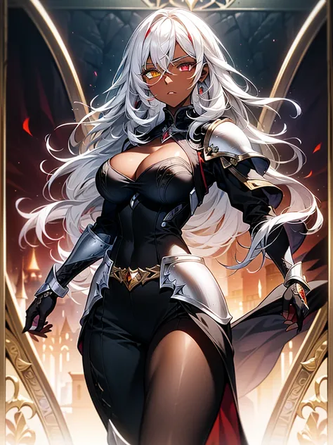 (masterpiece, best quality), (Official art, masterpiece, 8k, ultra-detailed), ultra-detailed, photo of a beautiful 32 year old woman, ((dark skin)), white hair, wearing round glasses on her face, eyes red and yellow, wearing a tight black jumpsuit, with li...