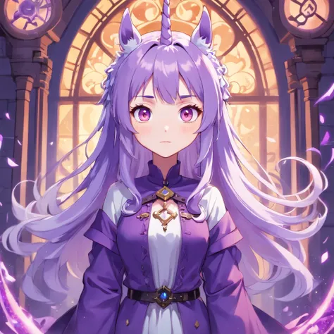 Anime female, pale skin, chibi character, purple and white hair, pastel color theme gothic undead background, magic purple swirls, pet unicorn, full body, 3D Image 