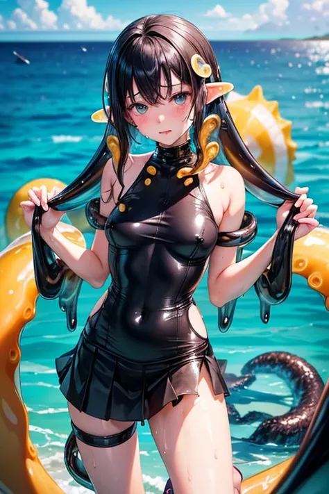 Browsing Caution,  (Best image quality,highest quality,Highest Resolution, Ultra-Realistic Images,Very detailed,masterpiece), Browsing Caution, nude, 12-year-old girl, (((Tentacle binding))), (((Sticky with sweat))), ((jellyfishの触手)), (jellyfish),((mini sk...