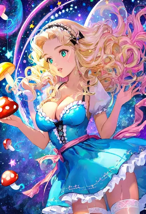 a beautiful 20 year old blonde woman with big messy hair in a blue dress, white stockings, black headband, cleavage, holding a glowing mushroom, floating in outer space with colorful stars, fantasy art style, rossdraws cartoon vibrant, alice in wonderland ...