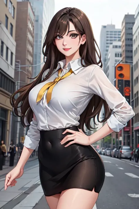 masterpiece, highest quality,  mary marvel, white collared shirt, pencil skirt, view your viewers, smile, large breasts, city st...