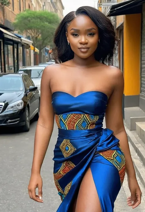 (high quality:1.5), (8k), (extremely detailed), (High detail:1.2), (art of work), Solo, 24 year old African female, (in street), (dress strapless),