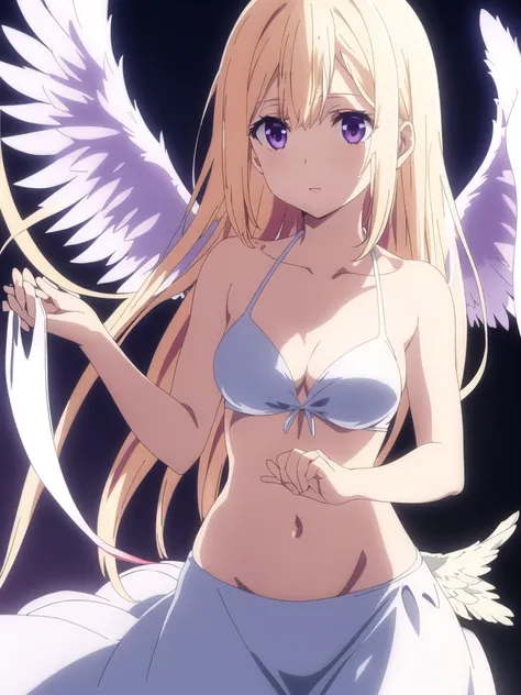 1girl, purple color eyes, looking at viewer, solo, white bikini, cleavage, angel, angel wings, collarbone, feathered wings, white wings, blonde hair, standing, perfect quality, good quality, masterpiece, HDR, UHD