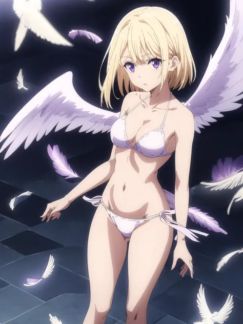 1girl, purple color eyes, looking at viewer, solo, white bikini, cleavage, angel, angel wings, collarbone, feathered wings, white wings, blonde hair, standing, perfect quality, good quality, masterpiece, HDR, UHD