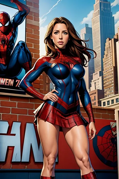 Jennifer Love Hewitt、Marvel Comics Movie Poster, Very beautiful, Movies about Spiderman, sexy, whole body, Im wearing a skirt、Premiere date, Poster、belly buttonを突き出す、new york、She&#39;s wearing a torn Spider-Man suit,The suit is torn、Wearing a skirt、 Red an...