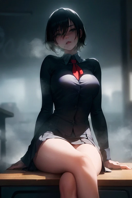 slutty _school_girl_ sitting on desk in classroom, parted lips, suggestive gaze, shameless, BREAK steamy atmosphere, front light, dramatic shadows, dominating steam, greasy atmosphere, cold-blue tones, complementary colors