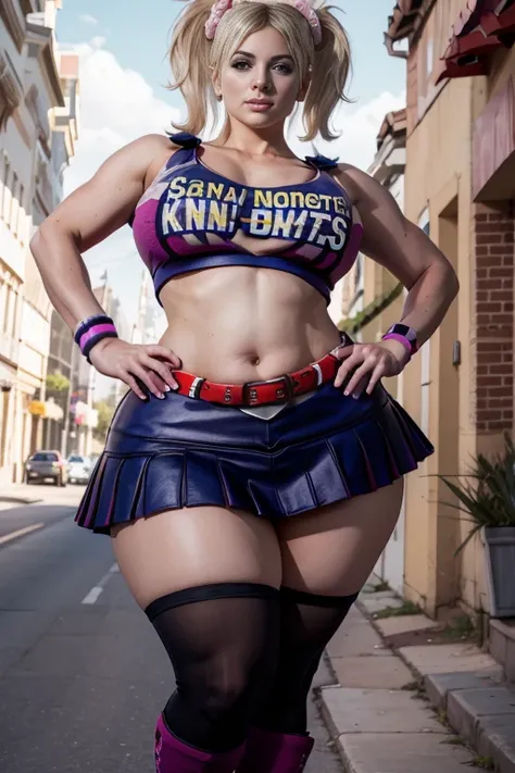 1female, solo, juliet starling, blonde hair, twintails, midriff, clothes writing, cheerleader, wristband, thighhighs, skirt, crop top, belt, standing, school yard, best quality, masterpiece, ultra-detailed, smile, curvy body, plump body, huge big ass, thic...