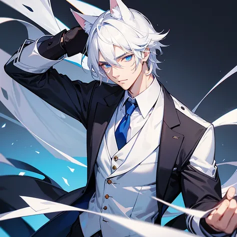 A handsome man with cat ears, white hair, blue eyes