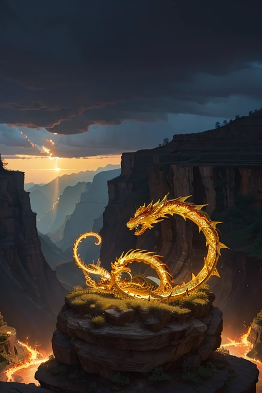 So sublime and divine々A beautiful golden dragon coiled up in the center of the screen, glaring at the camera.。The surrounding area is a canyon where no one can get close, and lightning is flashing in the background.、The sun is shining brightly