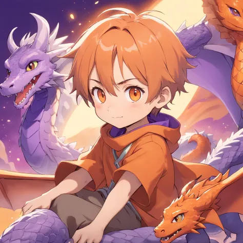 Anime style, male character chibi design, cinnamon skin tone, orange and violet color theme, dragon pet, silver hair, hazel colored eyes, pastal magical background, full body, 3D Image