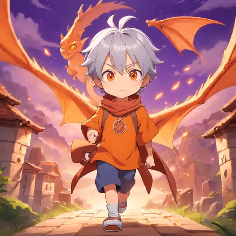 Anime style, male character chibi design, cinnamon skin tone, orange and violet color theme, dragon pet, silver hair, hazel colored eyes, pastal magical background, full body, 3D Image