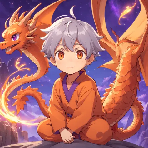 Anime style, male character chibi design, cinnamon skin tone, orange and violet color theme, dragon pet, silver hair, hazel colored eyes, pastal magical background, full body, 3D Image