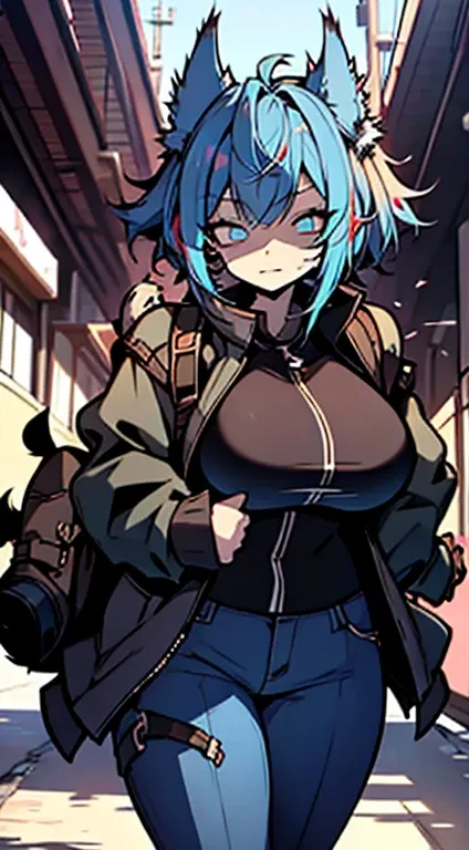 1girl, short_rebellious_hairblue_hair, blue_eyes, scary_eyes, short_hair, hair just blue, expression would be, looking_at_vi ewer, holding, shirt, pant, animal_ears, blue_ ears, wolf_woman, blue_tail, body_perfect, Milf_body, female_body_muscular, scar_on_...