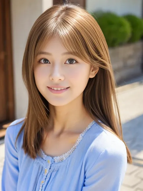 Light brown hair　Fair skin　Beautiful eyes and a kind expression　Look at me and smile　Natural Gestures　Casual clothing　17 years old　Japanese　Dress up