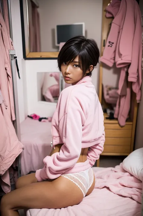 Ass, gyaru, dark-skinned, short cut hair, wearing　pink trackjackets, wearing pink thongs, in messy small room, at morning