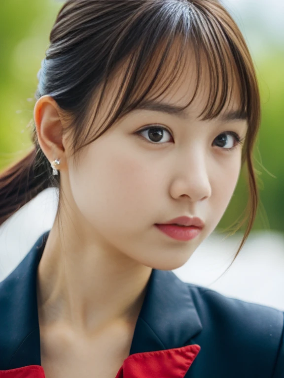 Japan , a closeup, wide angles, low angles, peitos fartos, Brown hair, looking at the viewers, portlate, earrings, ear phone, hi-school girl, Fabric Pleated Skirt, neck tie, Black Suit, Red suit, a sailor suit, Posing Black Eye, Red_Lips, 
unparalleled mas...