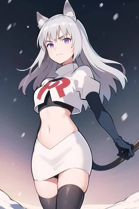 masterpiece, best quality, 1girl, aurora e. juutilainen, dog tail, animal ears, purple eyes, silver hair, outside, snow, team rocket,team rocket uniform,white skirt,red letter R,crop top,black thigh-highs,black elbow gloves