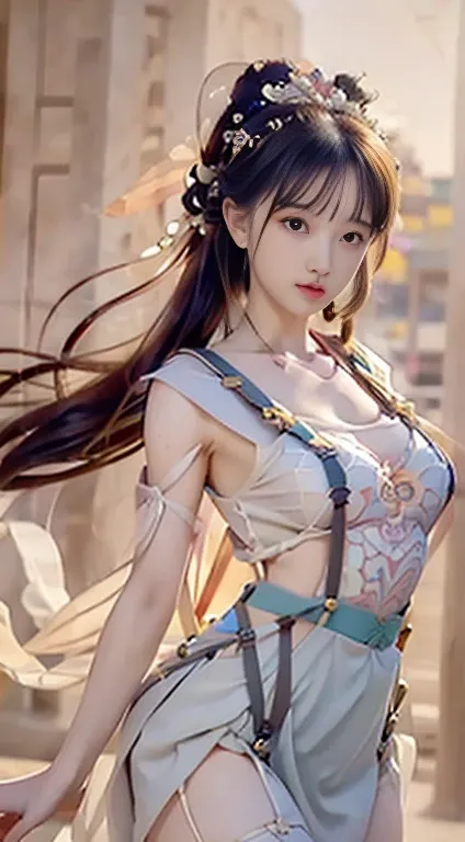 Bust photo, face close-up, face shot, a beautiful woman, messy hair, girly, symmetrical bun, hair accessories, jewelry, delicate face, (suspenders: 1.5), (high split lower skirt 1.7), (many patterns: 1.5), crop navel, open belly, Dunhuang style, a lot of s...