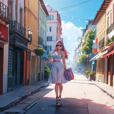 Uma mulher usando um longo vestido branco, Perna exposta, saltos brancos, walking on the sidewalk of a modern city, silver bracelet on arm, cabelo longo rosa choque com franjas grisalhas, olhos rosa, sorridente, seios grandes, Unhas rosa, fundo desfocado, ...