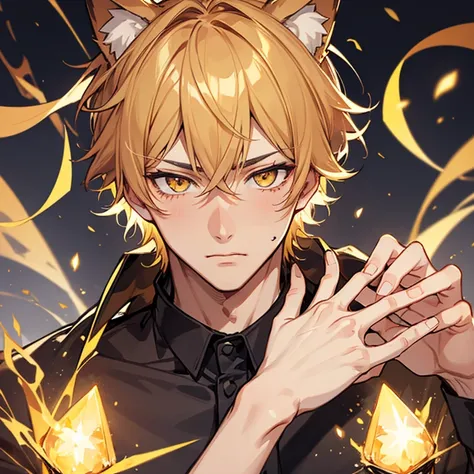 A handsome man with cat ears, golden short hair, amber eyes, blushing