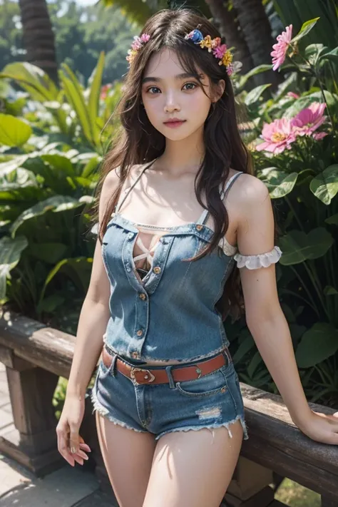 (8k, highest quality, ultra detailed:1.37), (Dina), 18yo, (a free-spirited Javanese girl), embraces the bohemian festival atmosphere. She wears a summer dress top with denim shorts and accessorizes with flowers and beads. Her brown hair in a crown braids w...