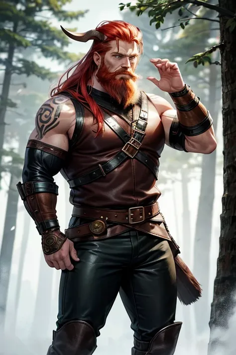 Viking 50-year-old man, redhead with beard, green eyes, bearskin Viking clothing, brown boots, leather belt, black leather pants, stocky build, muscular tattoos, Vikings, background of a forest