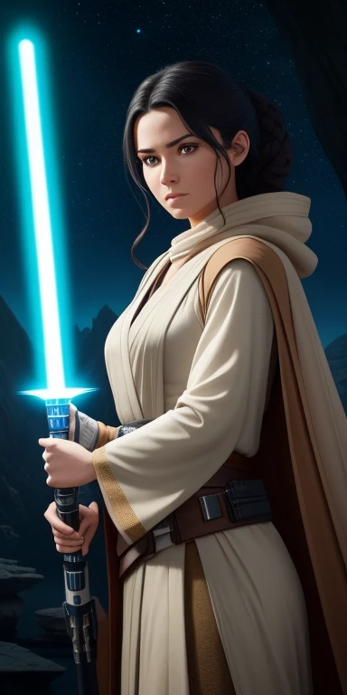 (8K, high resolution, cinematic), Bring to life a captivating digital portrait of a stunning 27-year-old woman with flowing black hair, dressed in a meticulously crafted Star Wars-themed Jedi outfit. The woman should emanate an air of grace and strength, e...