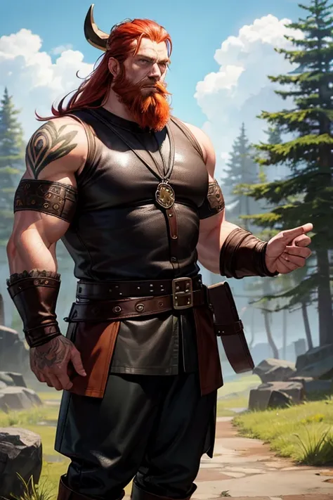 Viking 50-year-old man, redhead with beard, green eyes, bearskin Viking clothing, brown boots, leather belt, black leather pants, stocky build, muscular tattoos, Vikings, background of a forest