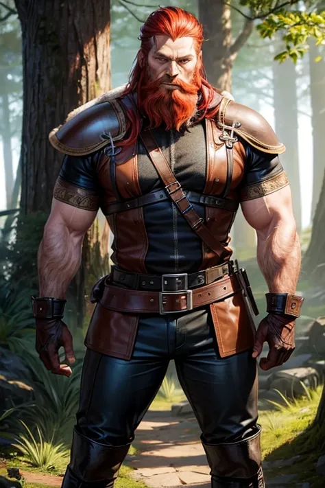 Viking 50-year-old man, redhead with beard, green eyes, bearskin Viking clothing, brown boots, leather belt, black leather pants, stocky build, muscular tattoos, Vikings, background of a forest