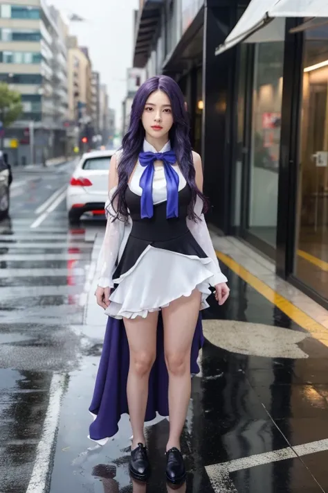 (masterpiece),best quality, frederica bernkastel,dress,  tail bow, cat tail, bowtie, purple eyes, purple hair,mary janes,  socks,  blank eyes, empty eyes,  (raining day:1.2), cloud, street, sidewalk, wet clothes, photorealistic, ((16k photography)), detail...