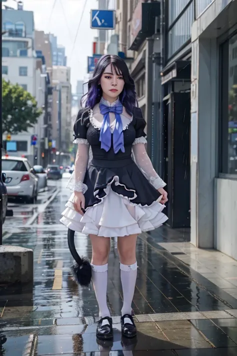 (masterpiece),best quality, frederica bernkastel,dress,  tail bow, cat tail, bowtie, purple eyes, purple hair,mary janes,  socks,  blank eyes, empty eyes,  (raining day:1.2), cloud, street, sidewalk, wet clothes, photorealistic, ((16k photography)), detail...