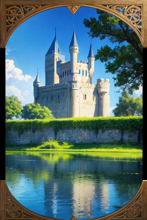 Blue Arab castle with large walls, lakes and towers, flowery vegetation